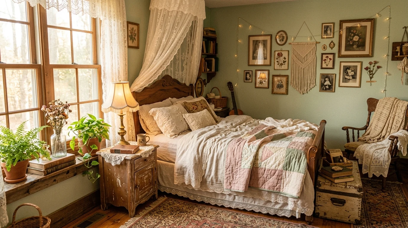 Summer boho bedroom with open shelves styled using collected decor.