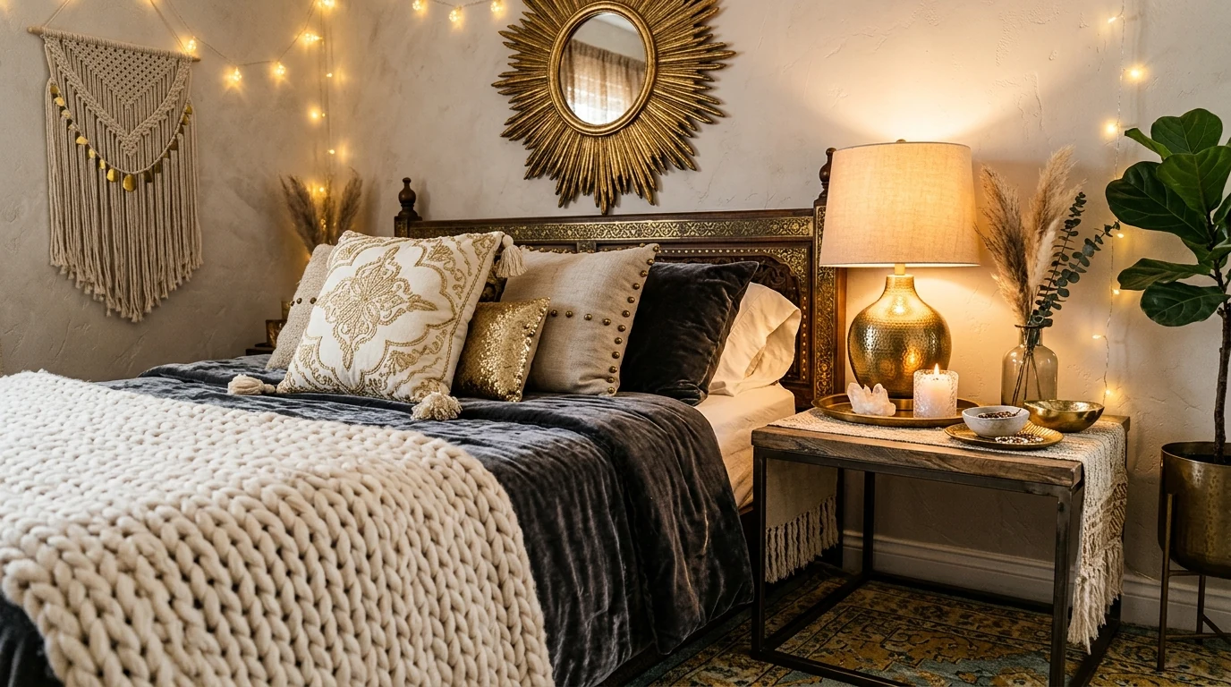 Boho chic summer bedroom with light filtering curtains and soft daylight.
