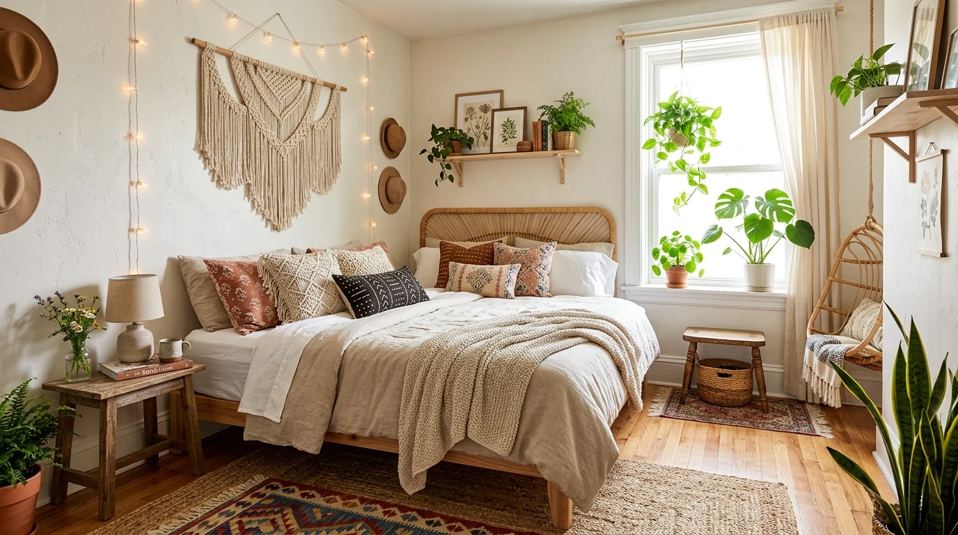 Relaxed boho summer bedroom with a calm palette and airy styling.
