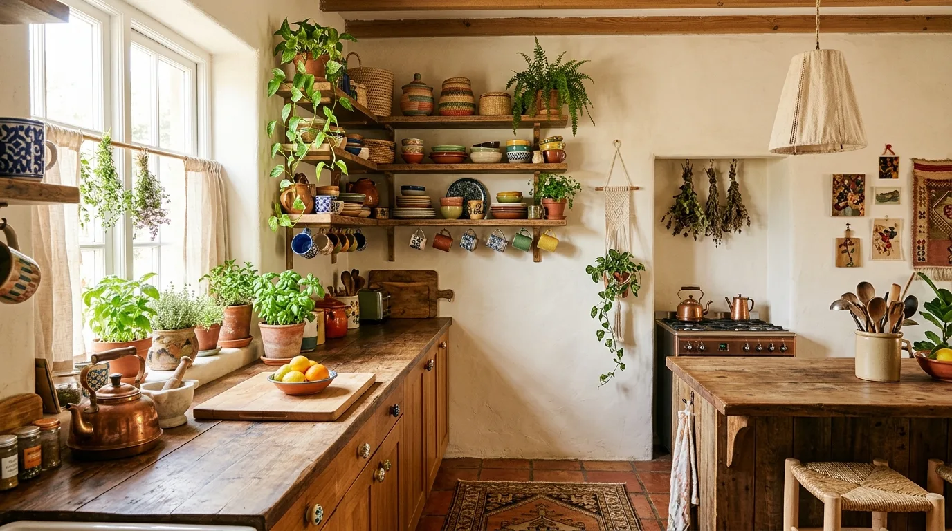 Boho open shelving kitchen with pottery, plants, wood shelves, and warm eclectic styling.