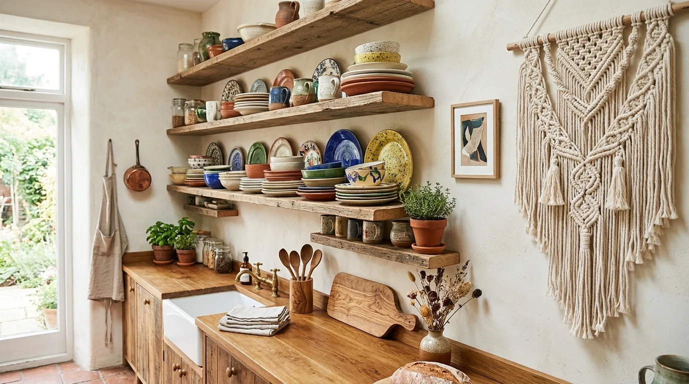 Open kitchen shelving styled with trailing plants and everyday dishware.