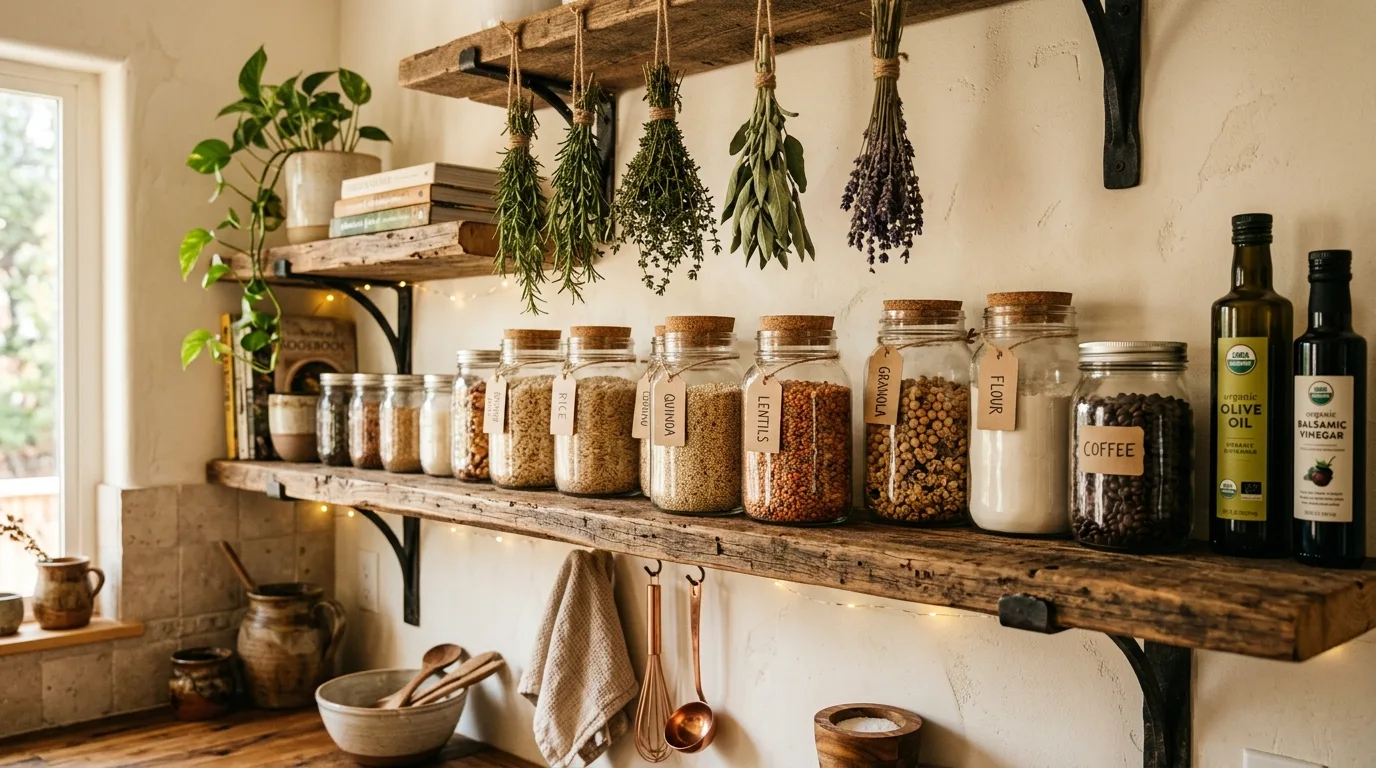 Boho open shelving kitchen with warm wood shelves against white walls.