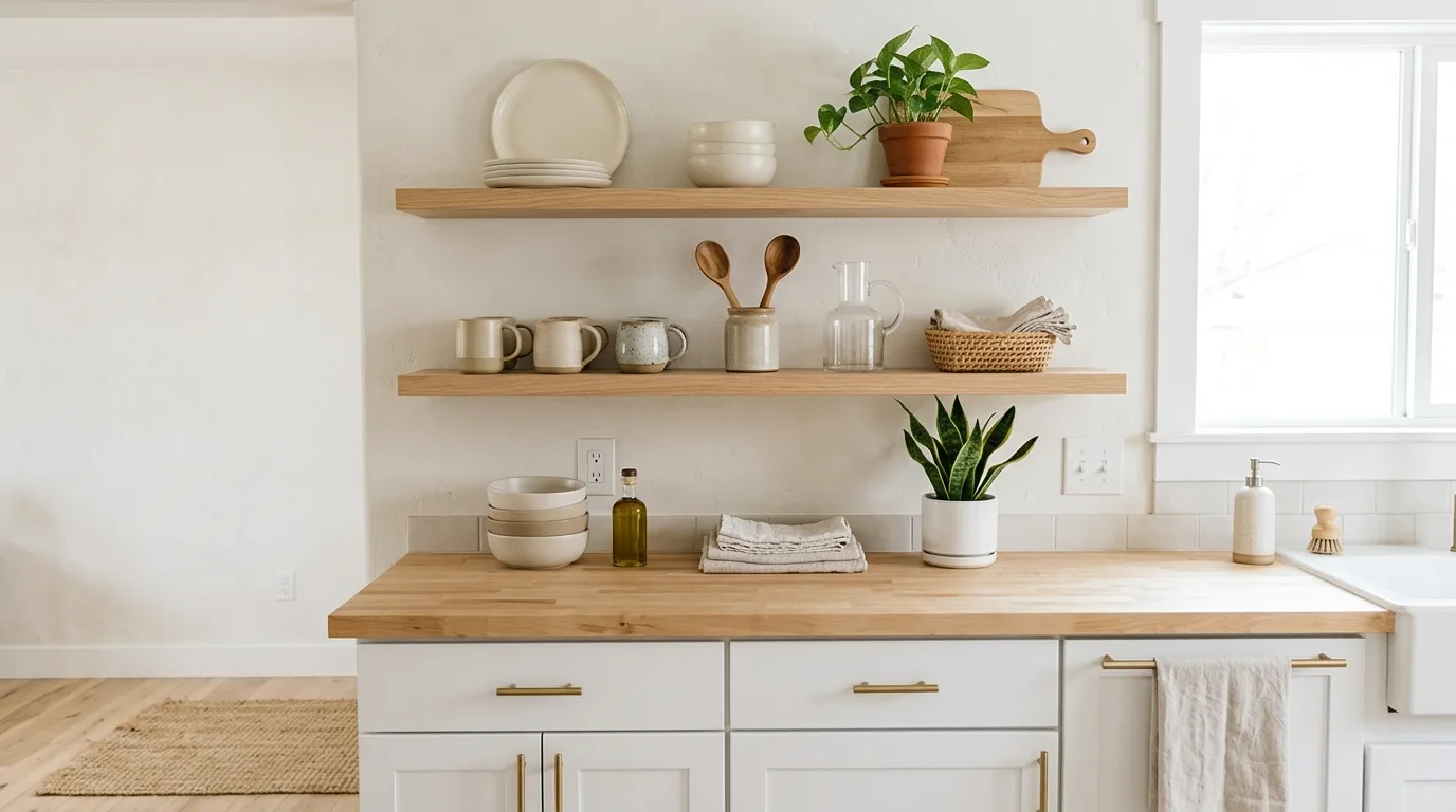 Open shelves holding neutral dish stacks in cream, clay, and sand tones.