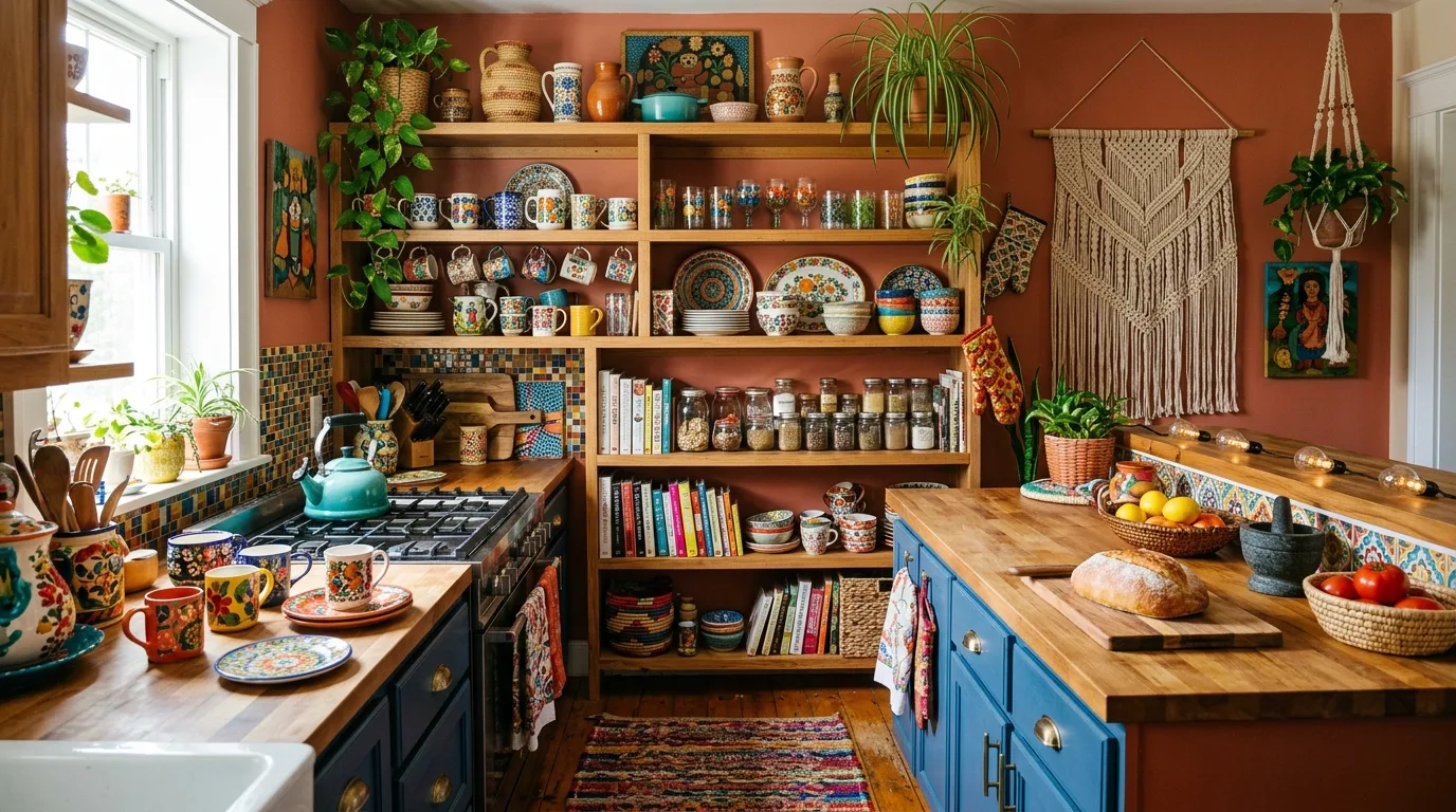 Boho kitchen shelving styled with woven baskets and natural textures.