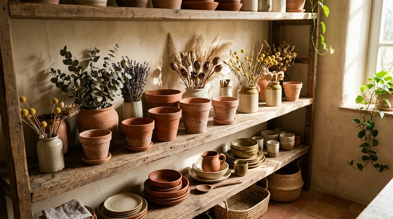 Eclectic kitchen shelves mixing brass accents with clay-toned decor.