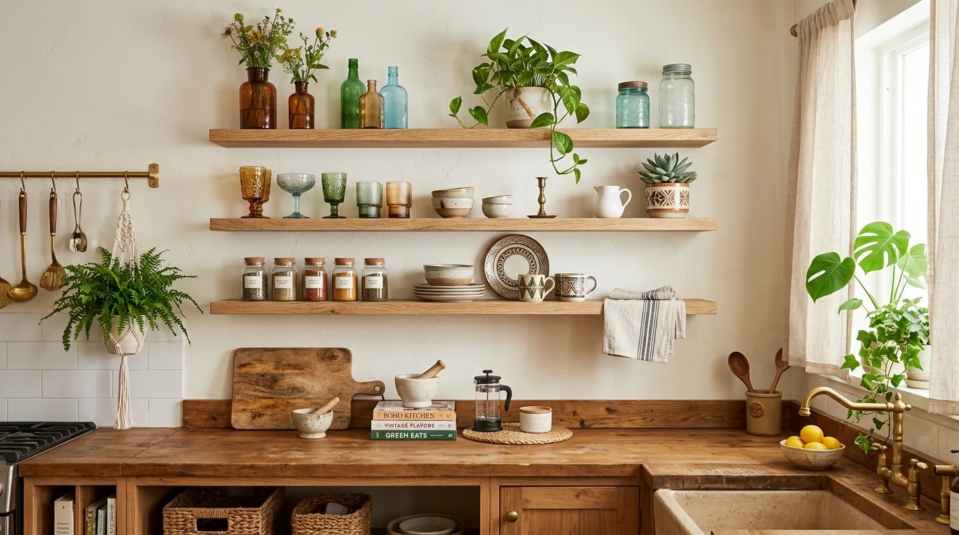 Open shelving kitchen with small framed art leaned behind dishes.