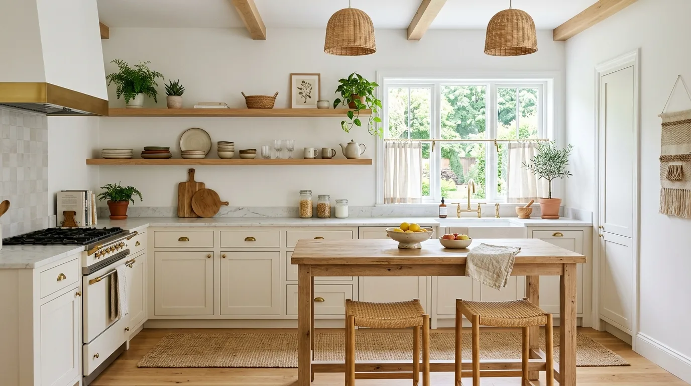 Boho kitchen shelves with glass jars storing pantry staples neatly.