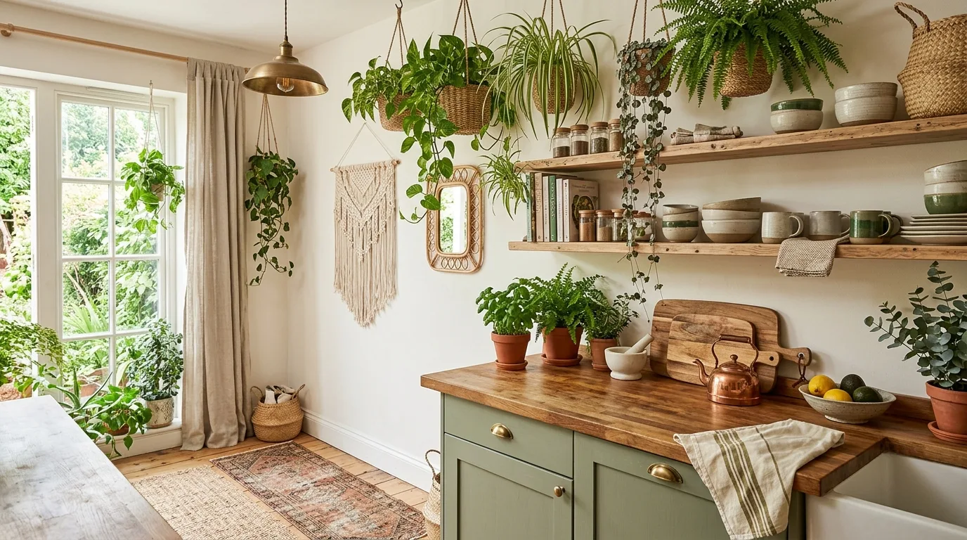 Open kitchen shelves displaying a colorful collection of mugs.