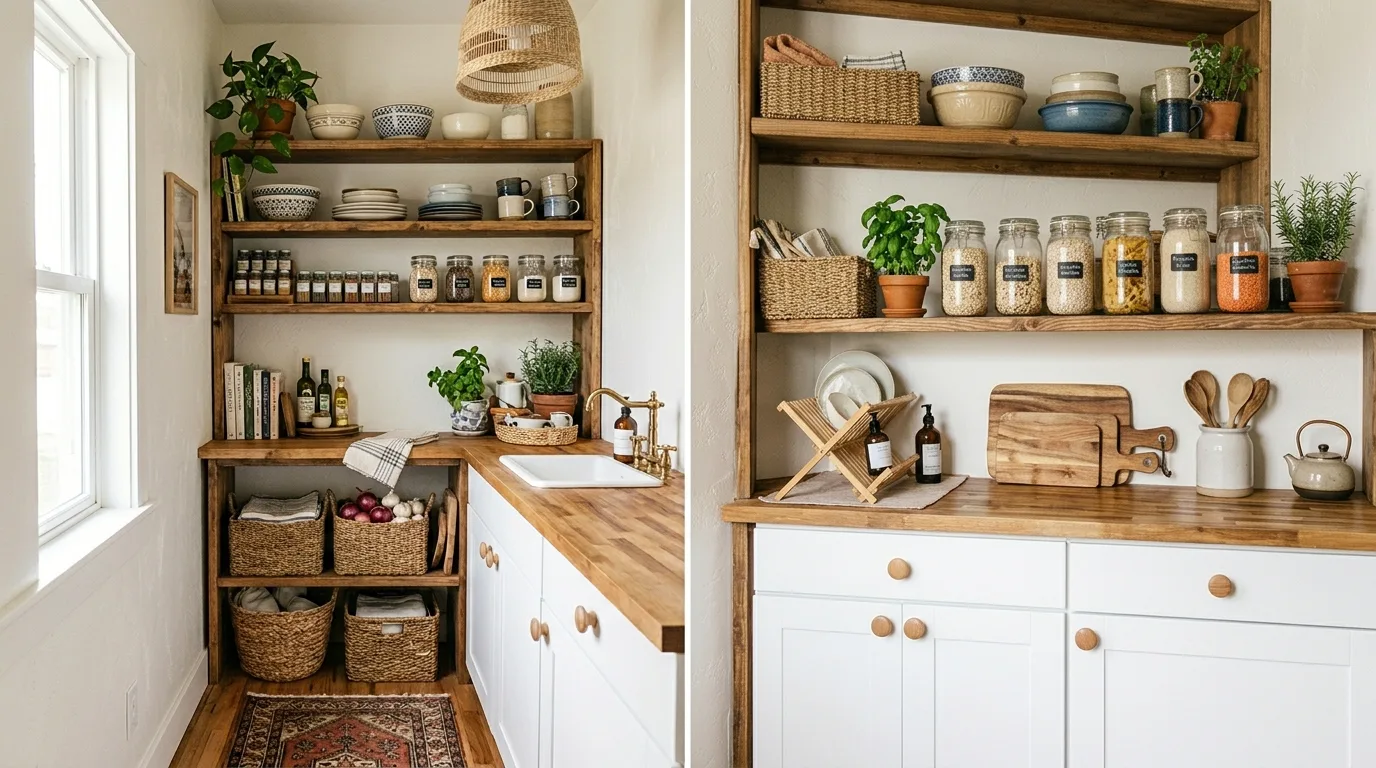 Boho kitchen shelf styling with folded linen and wood cutting boards.