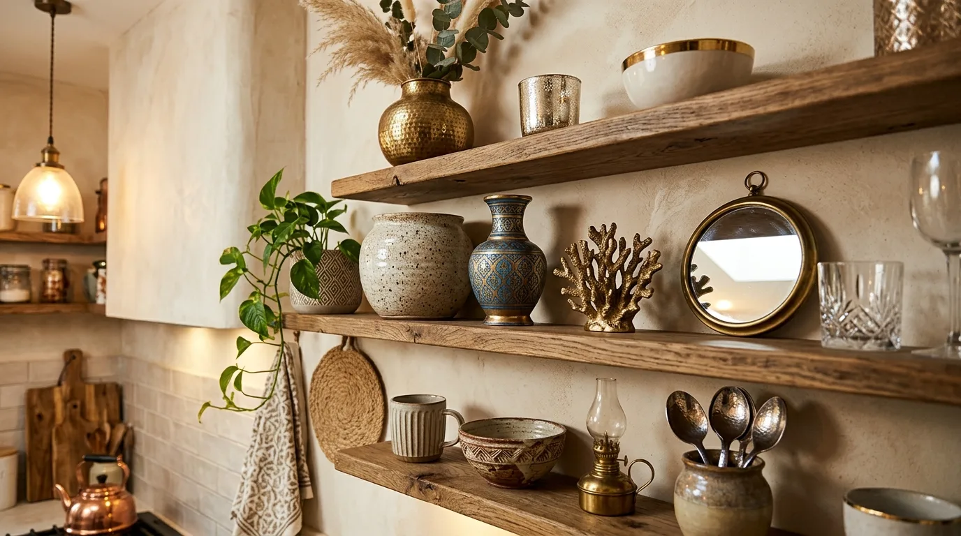 Boho open shelving kitchen with darker wall color creating contrast.