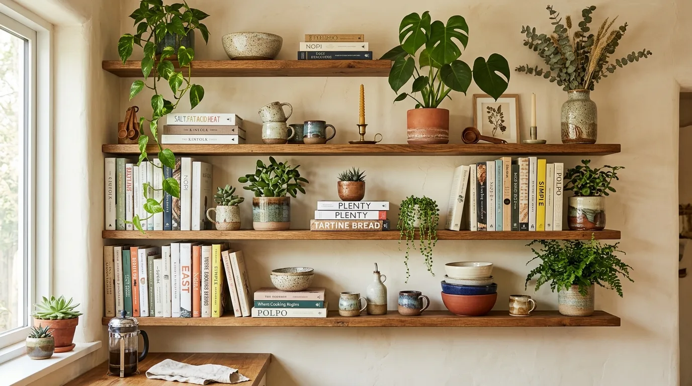 Open kitchen shelves featuring collected vintage bowls and crocks.