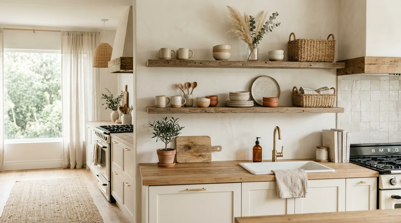 Boho kitchen shelves styled with cookbooks, bowls, and practical decor.