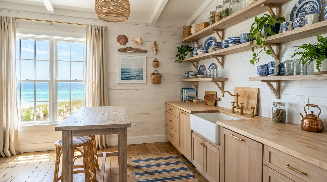 Eclectic kitchen shelves arranged with relaxed balanced symmetry.