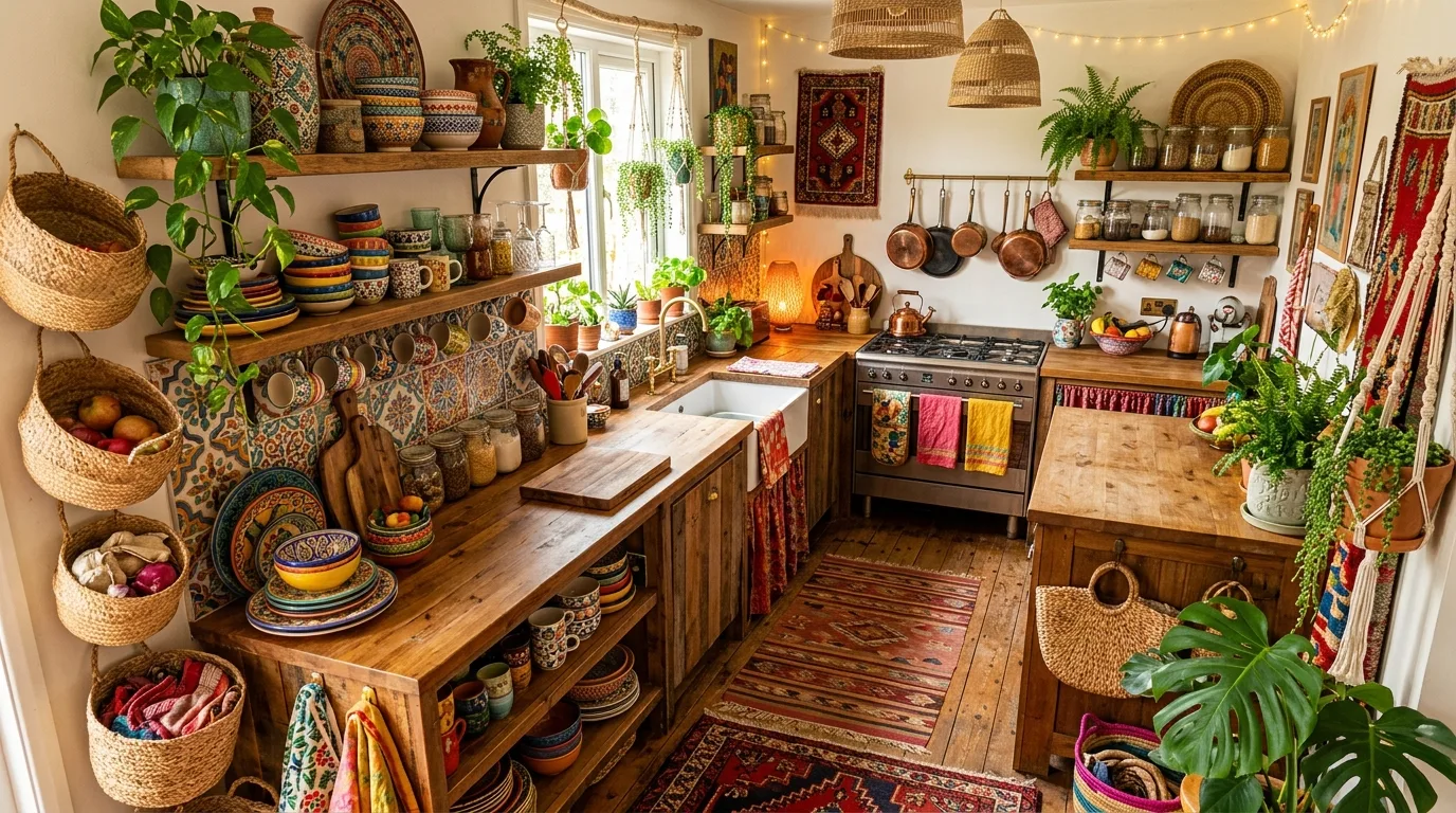 Boho open shelving kitchen where practical items are styled beautifully.