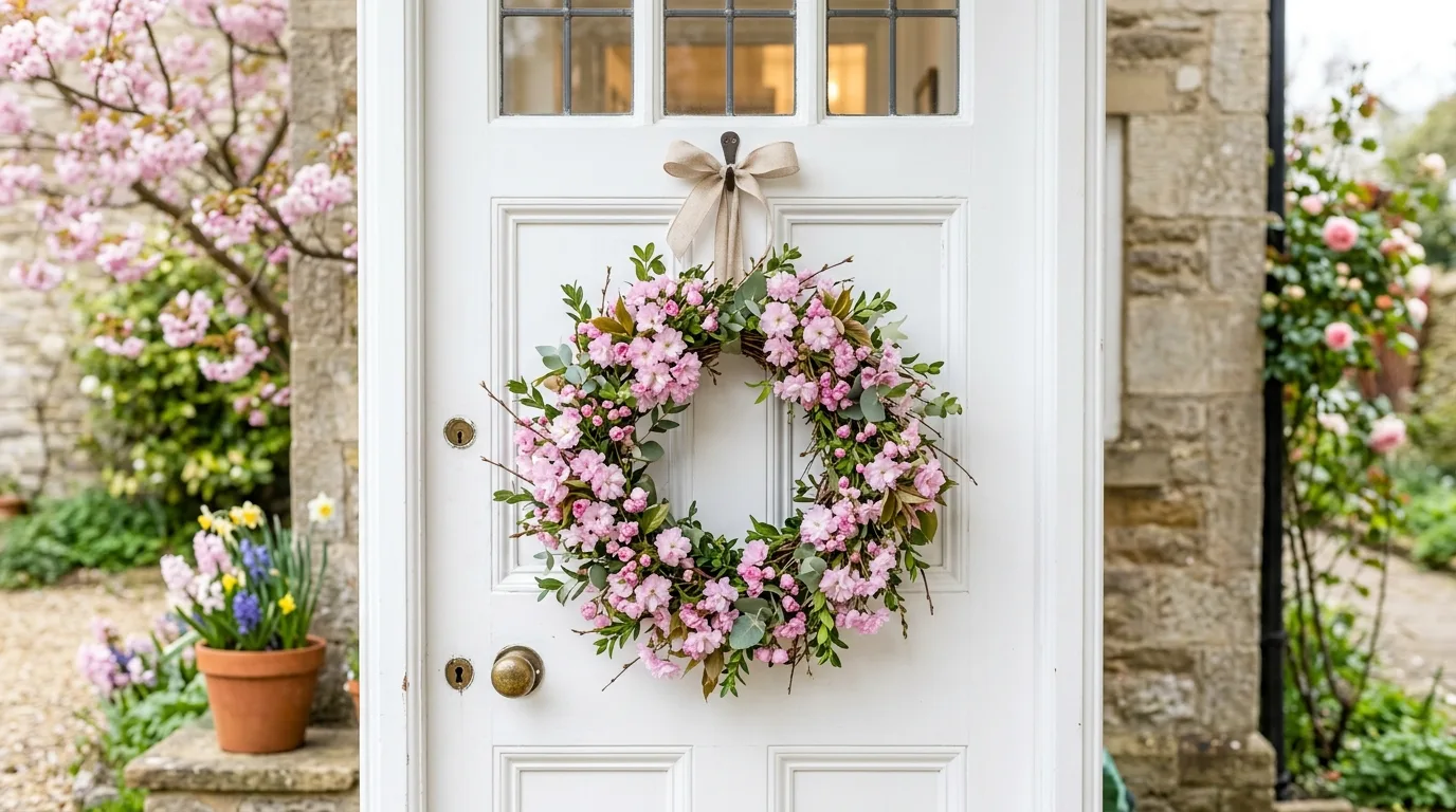Fresh spring wreath with pink blossoms and greenery hanging on a white front door.