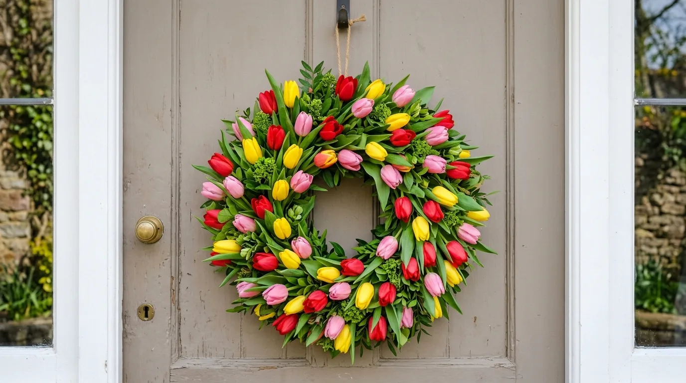 Spring tulip wreath with a soft ribbon on a front door.