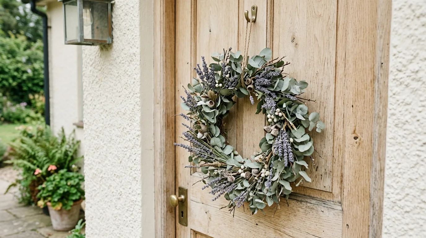 Spring front door wreath made with bright yellow forsythia branches.