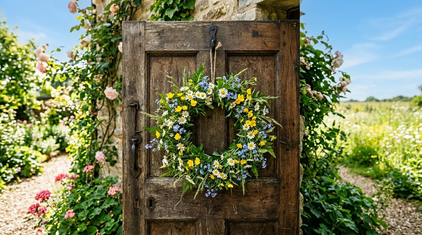 Modern spring wreath with eucalyptus and white flowers on a front door.
