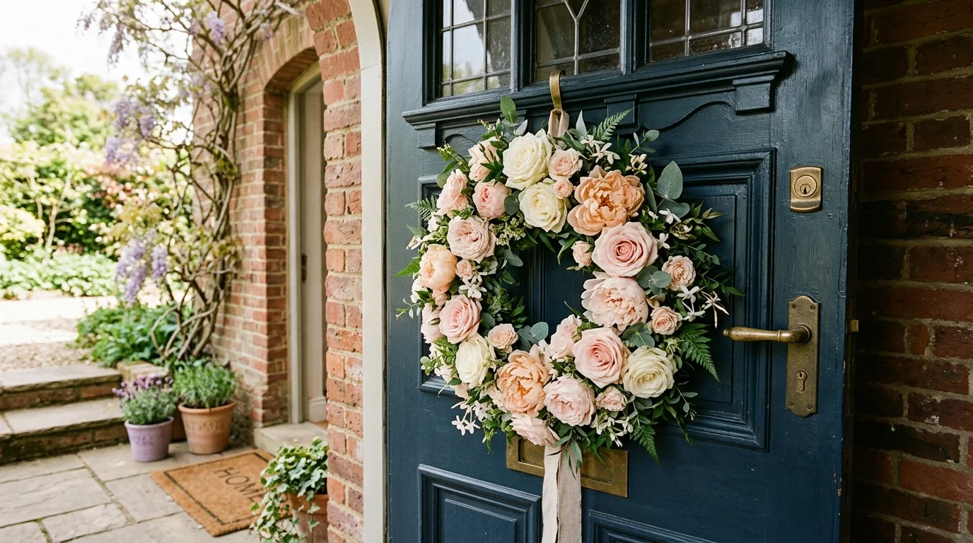 Spring wreath with lavender, herbs, and natural garden texture.