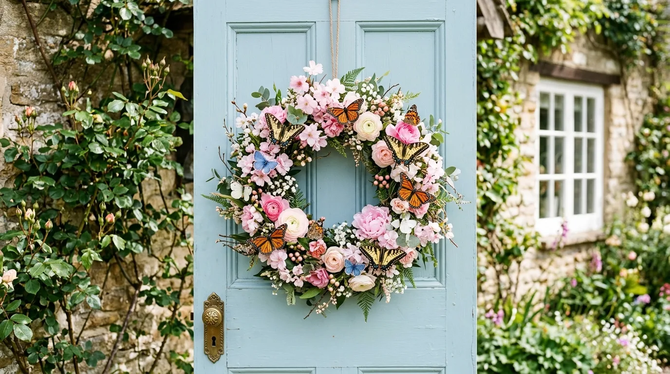 Spring wreath with moss texture and decorative speckled egg accents.