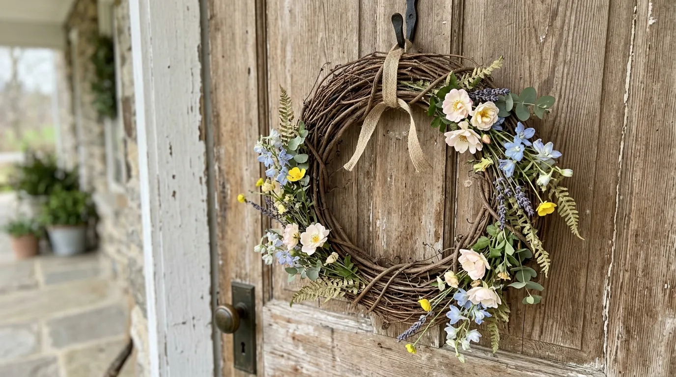Minimal spring grapevine wreath with scattered seasonal flowers.