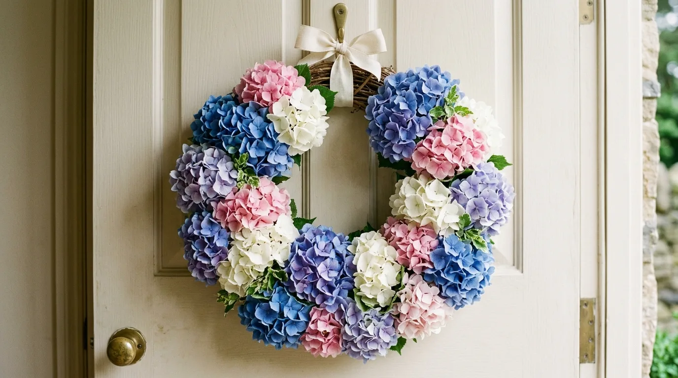 Pastel mixed-flower spring wreath styled for a welcoming entryway.