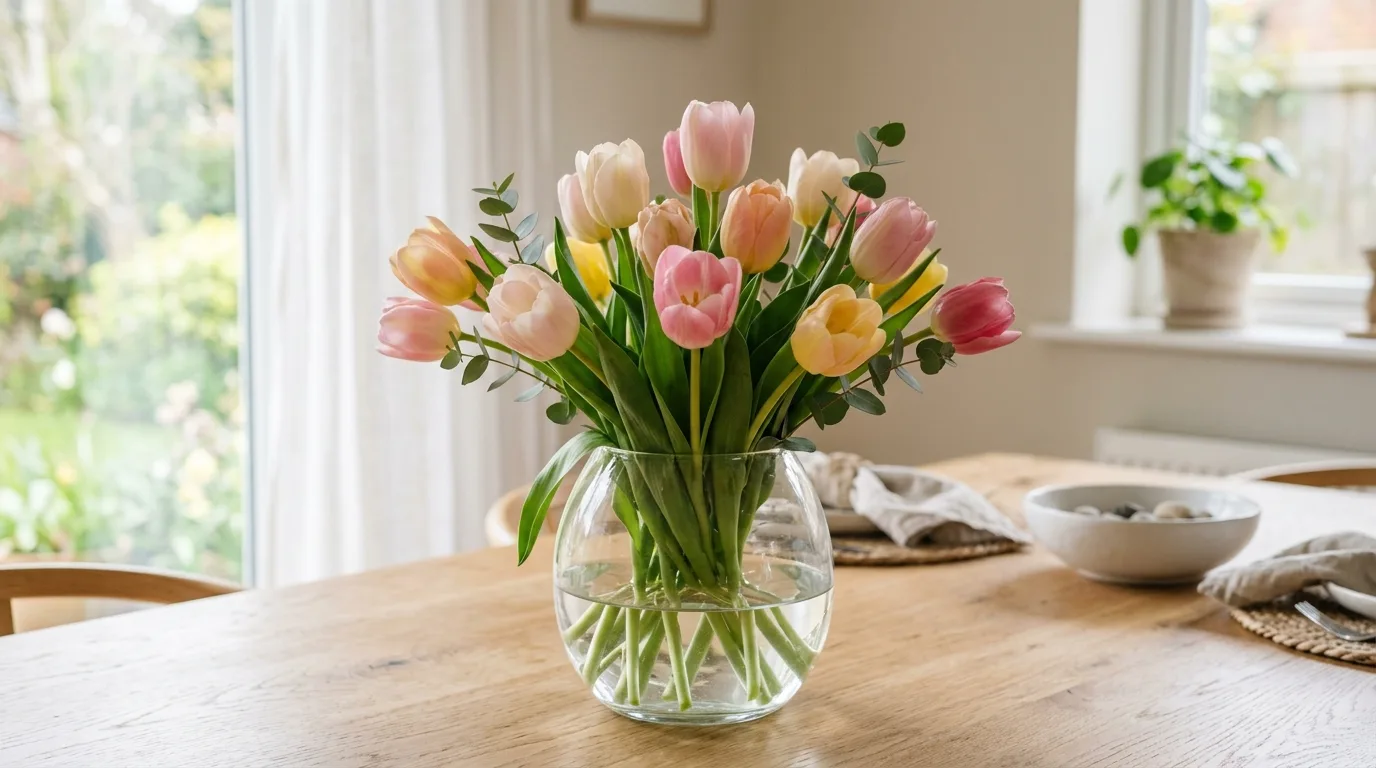 Fresh spring table centerpiece with flowers and seasonal styling.