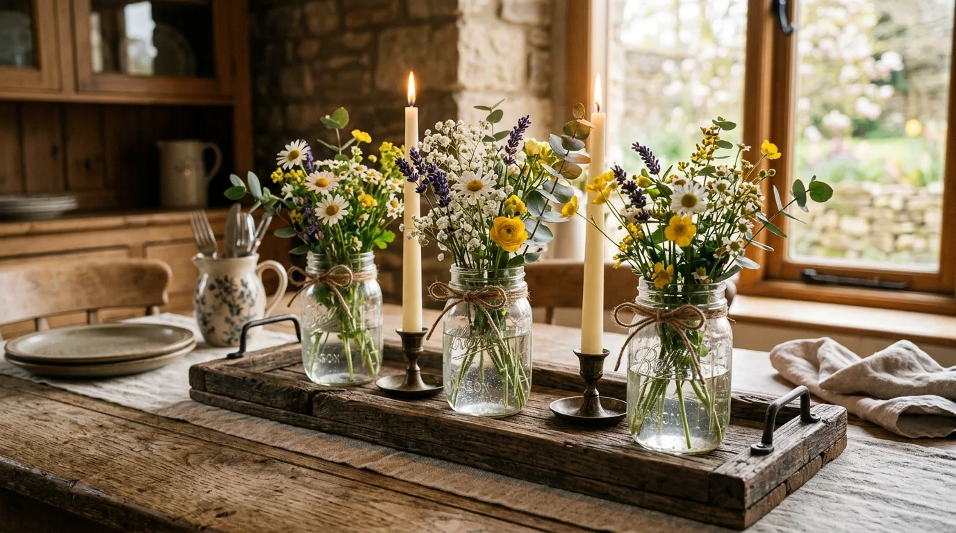 Seasonal spring centerpiece with mixed garden flowers and loose styling.