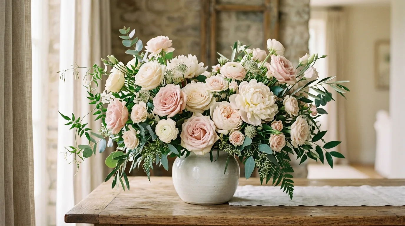 Low spring centerpiece bowl filled with colorful ranunculus blooms.