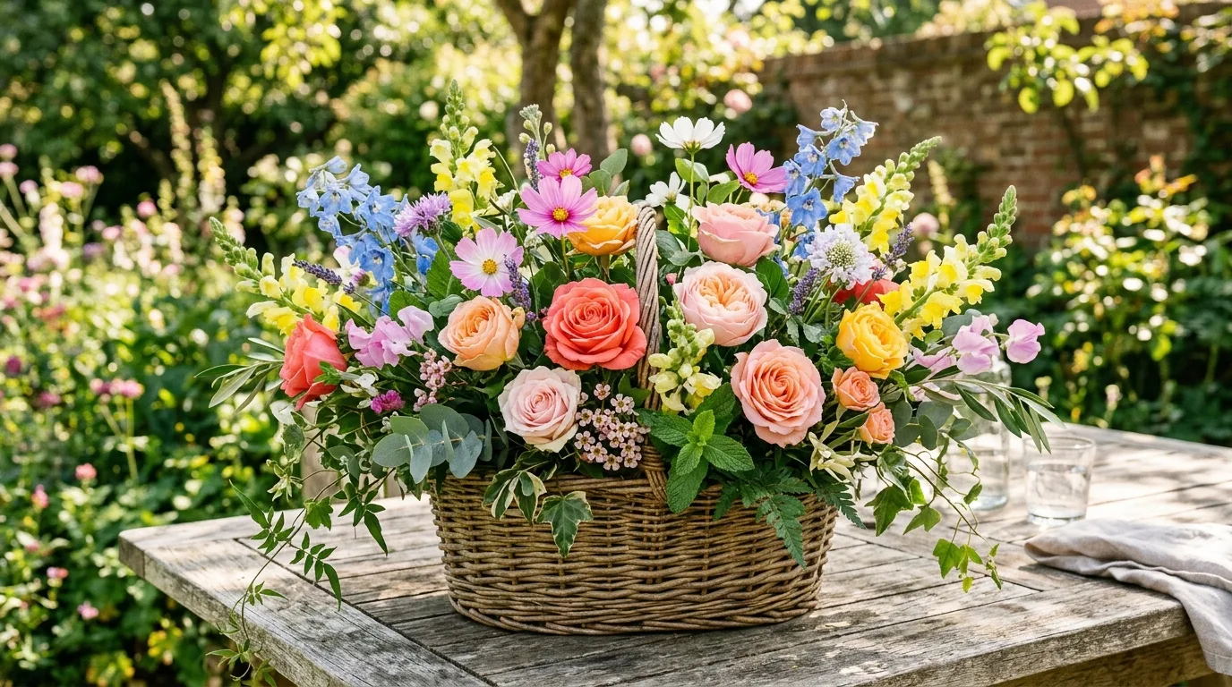 White pitcher centerpiece filled with cheerful spring daffodils.