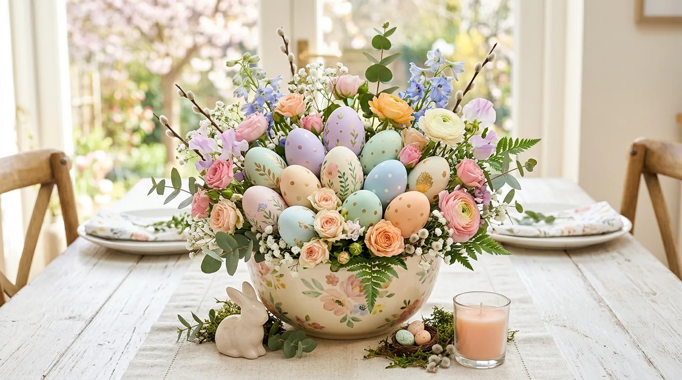 Long spring table decorated with mini bud vase centerpieces.