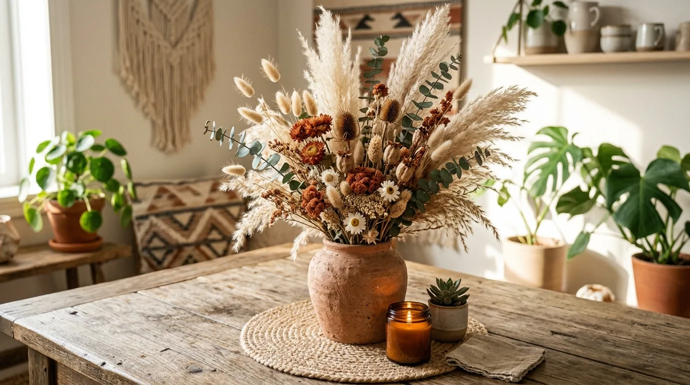 Spring centerpiece made from flowering branches in a tall vase.
