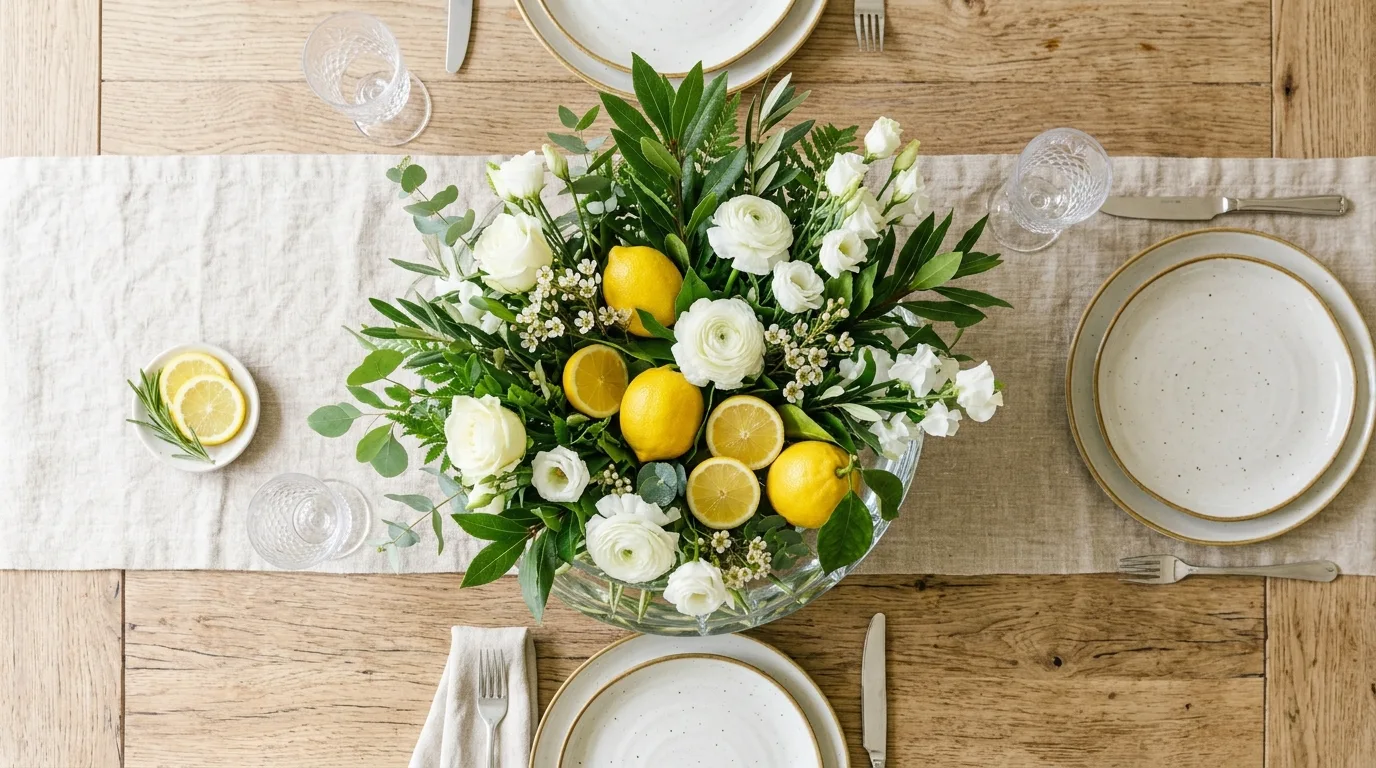 Fresh spring centerpiece mixing flowers with lemons on a table.