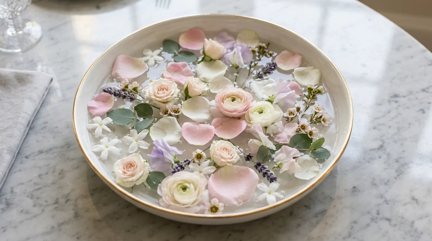 Spring basket centerpiece filled with seasonal flowers and greenery.