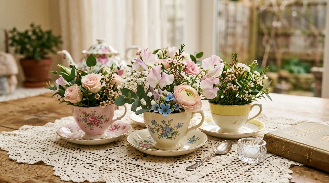 Monochrome pink spring centerpiece arranged for a seasonal table.