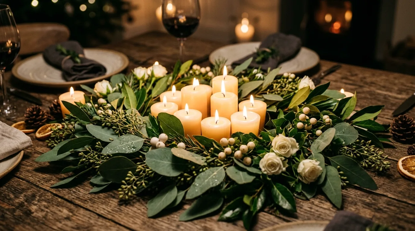 Spring dining table with floral clusters and candles as a centerpiece.