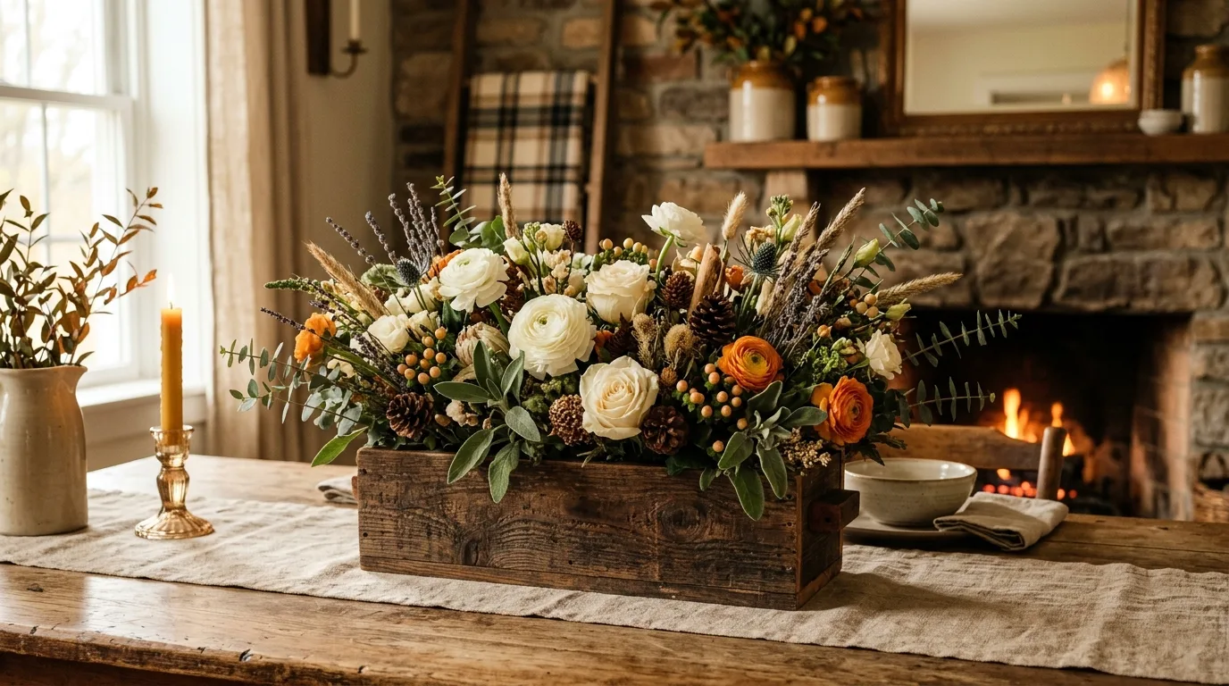 Spring centerpiece in blue and white vases with fresh flowers.