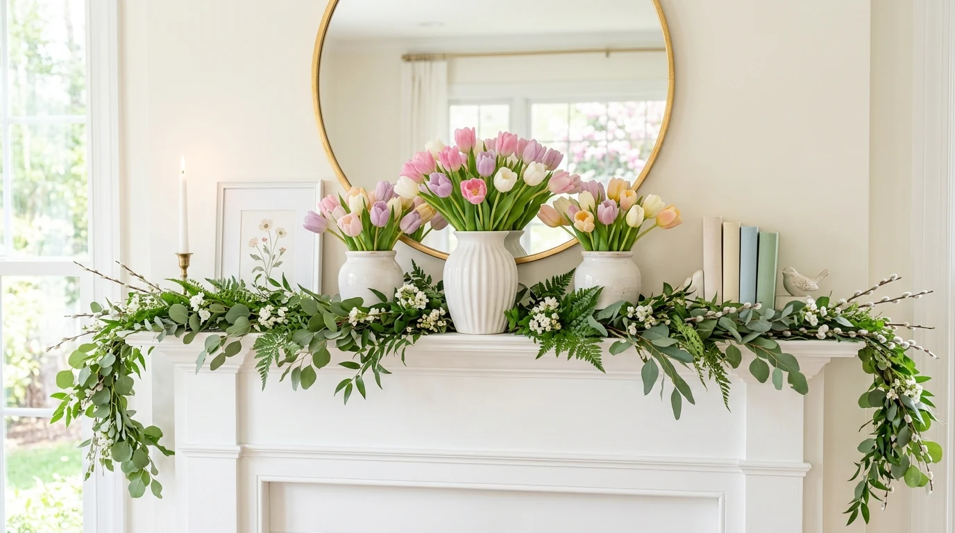 Fresh stunning spring mantel decor creating a seasonal focal point.