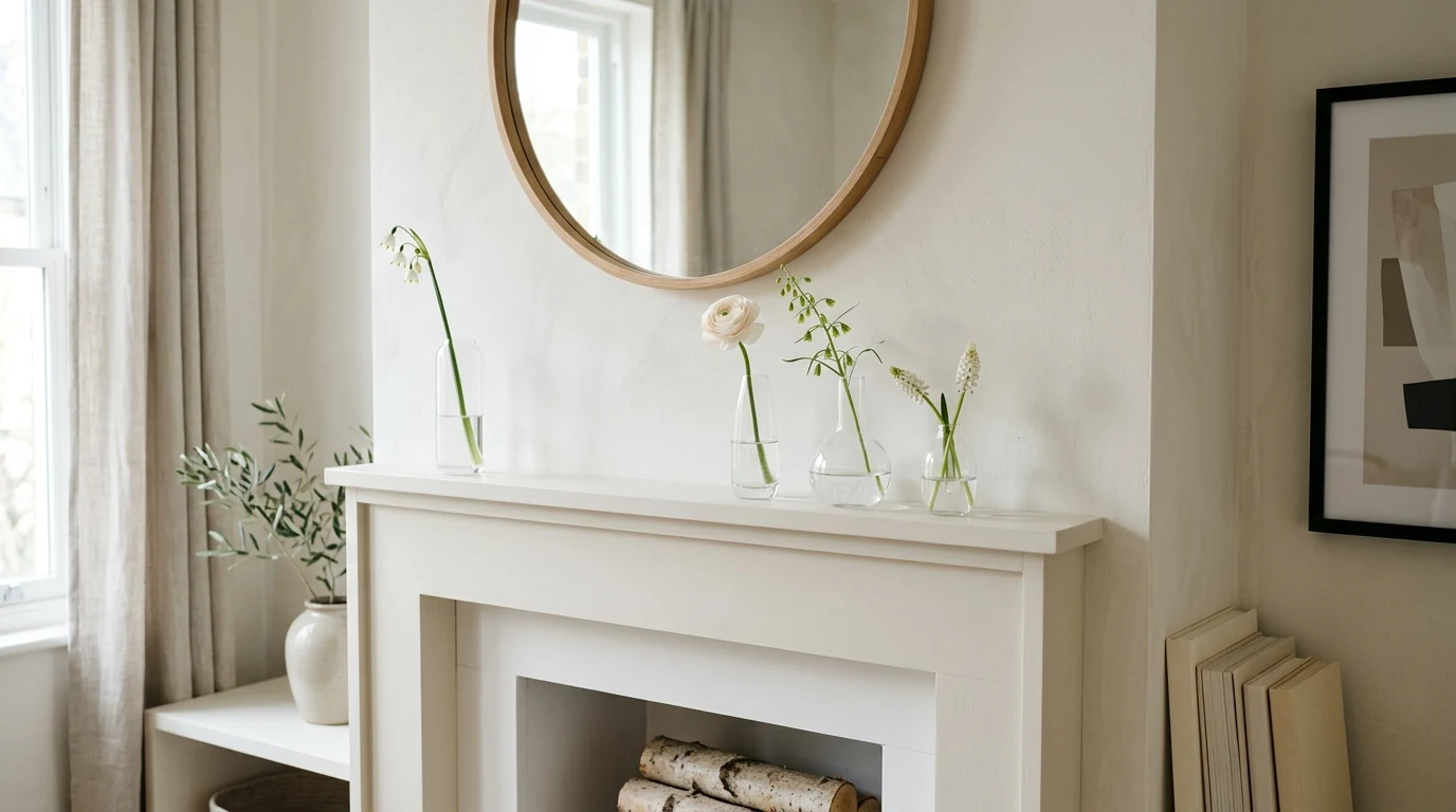 Spring mantel styled with bud vases filled with seasonal blooms.