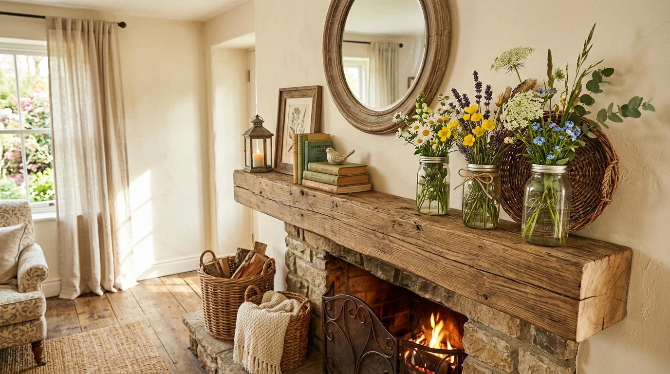 Minimal spring mantel in white and green with fresh seasonal styling.