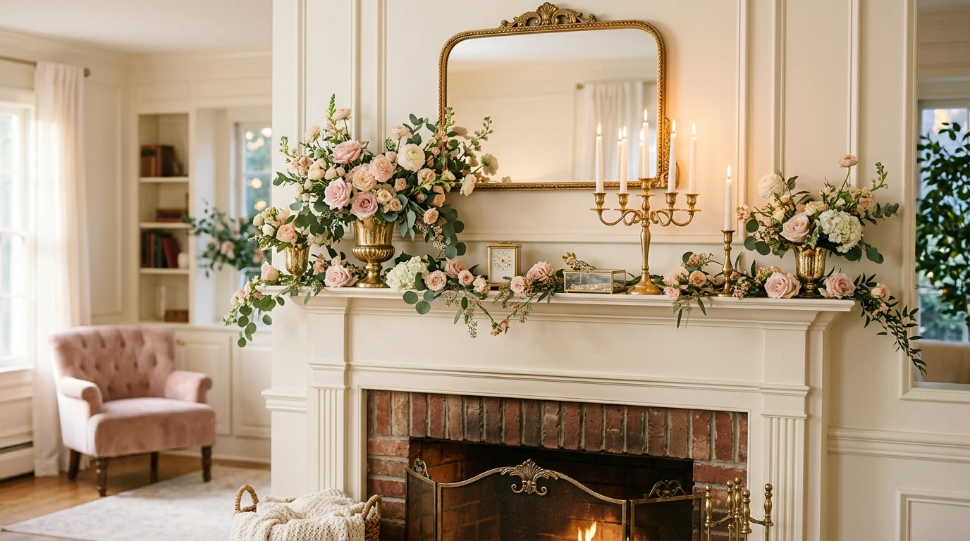 Spring mantel with layered art and soft floral accents.