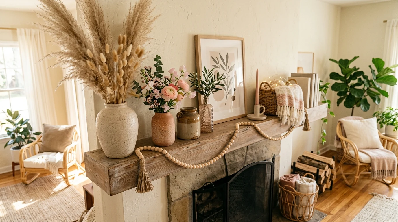 Spring mantel with pastel candles and fresh seasonal texture.
