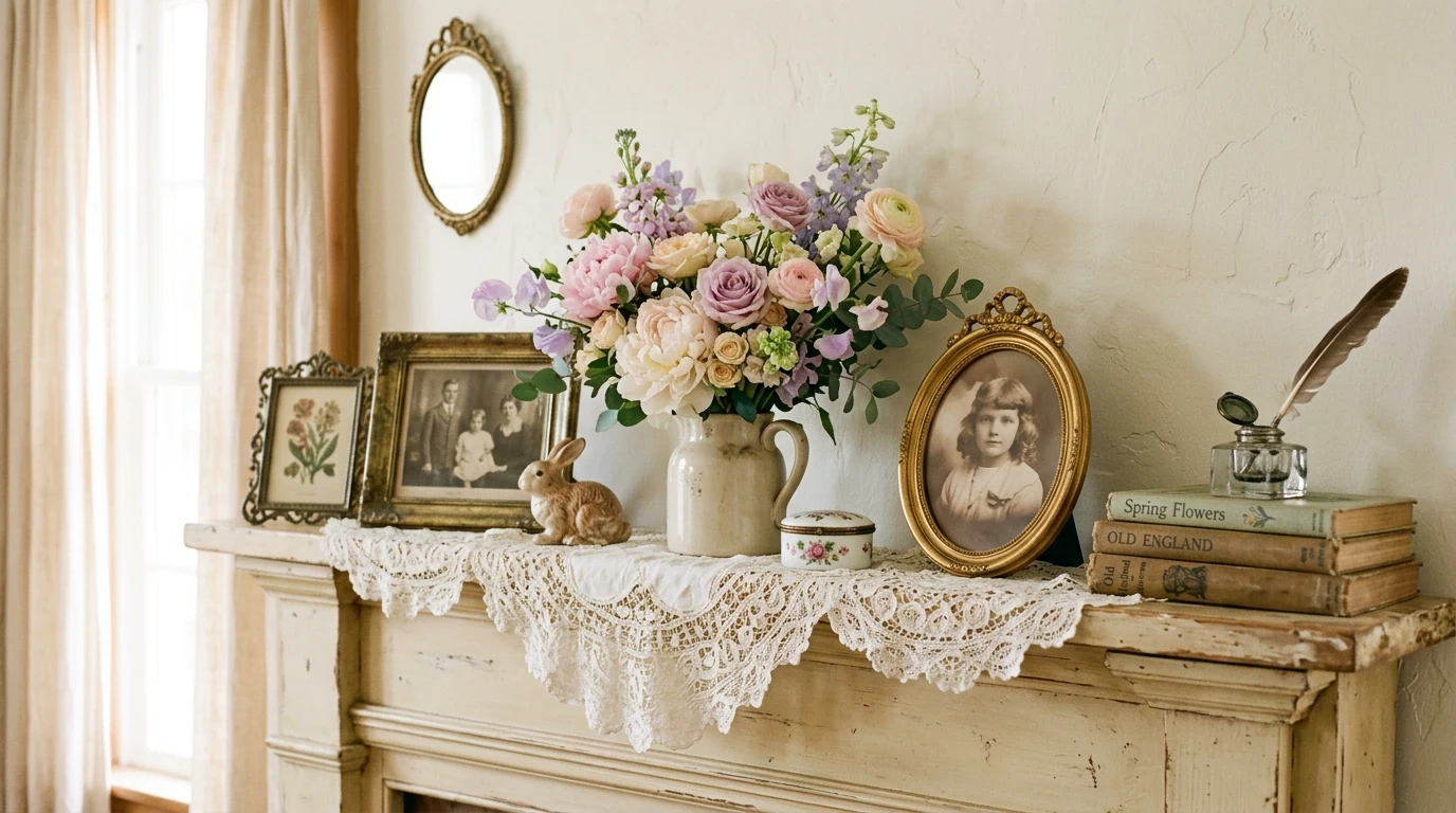 Garden-inspired spring wreath displayed above a fireplace mantel.
