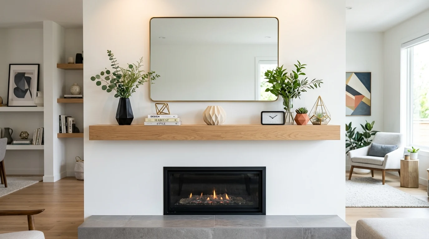 Spring mantel styled with terracotta pieces and green accents.