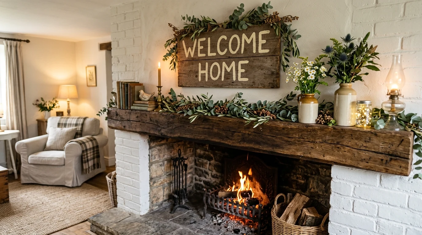 Cottage spring mantel decorated with tulips and soft seasonal decor.