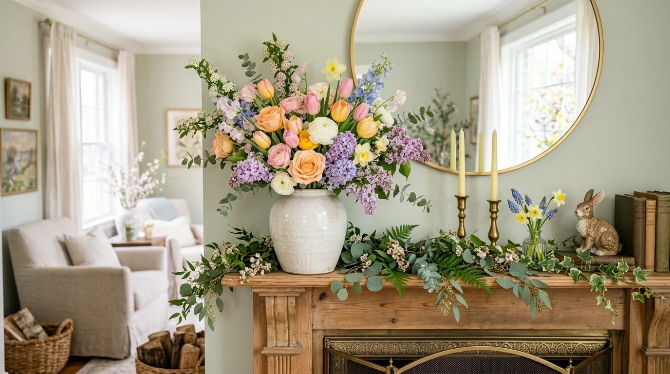 Fresh spring mantel styling with a mirror and layered floral accents.