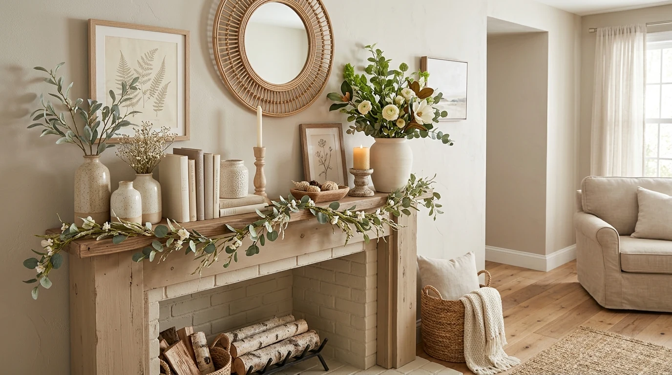 Spring mantel with baskets and natural woven seasonal touches.