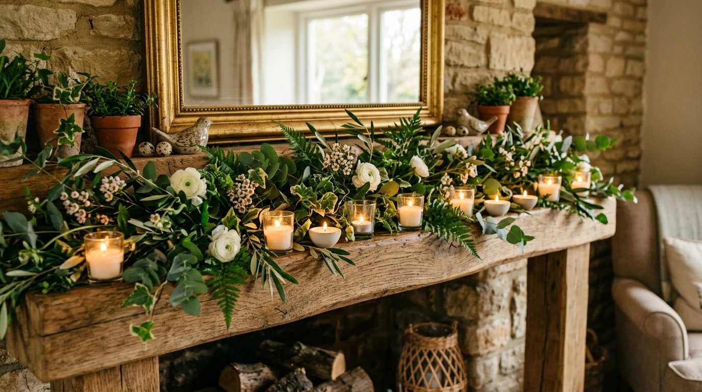 Fresh spring mantel with one strong focal arrangement and edited decor.