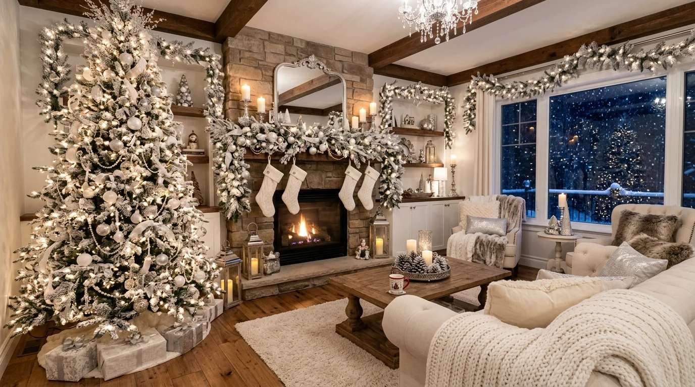 Frosty winter wonderland living room with snowy decor and soft holiday lights.