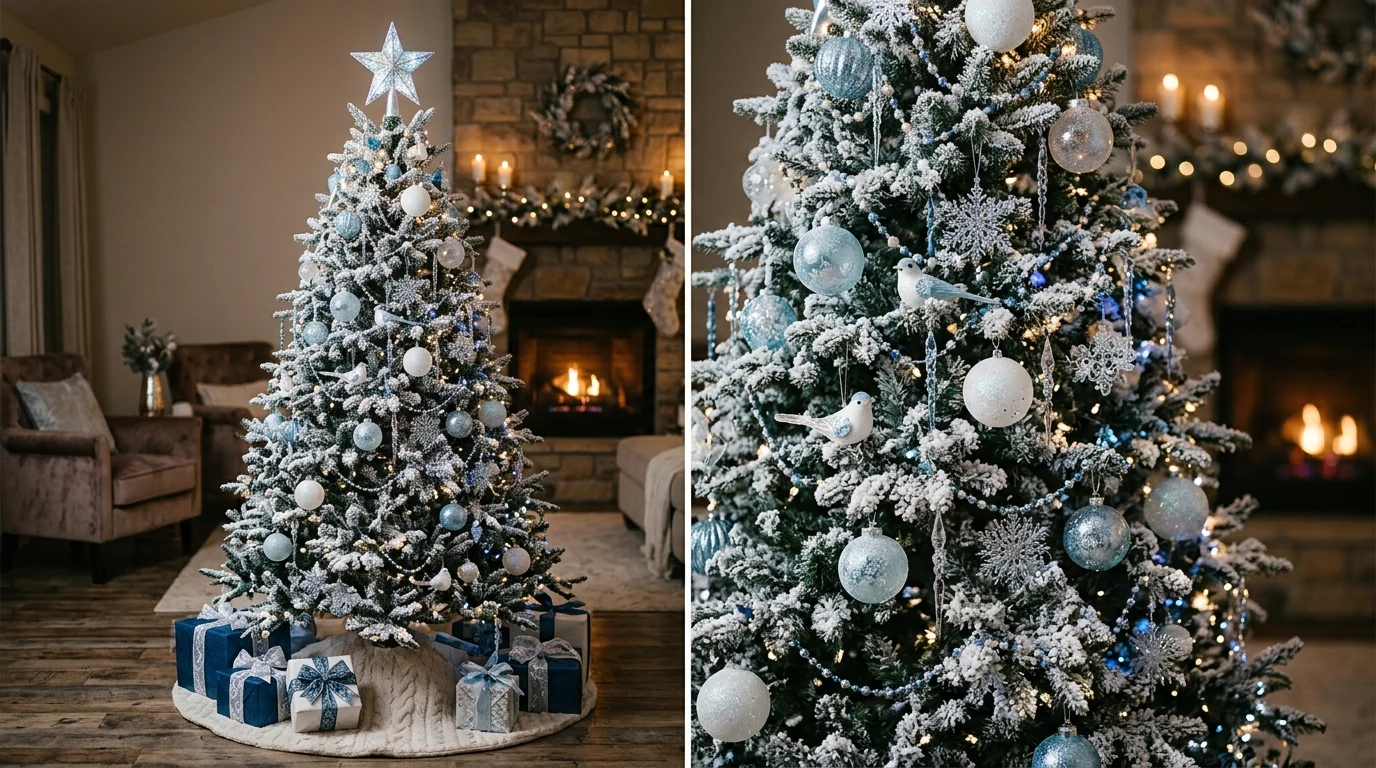 Fireplace mantel decorated with icy white garland and winter decor.